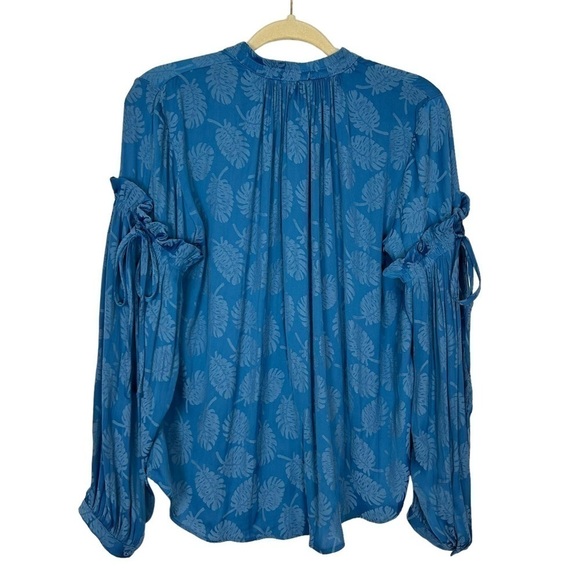 Anthropologie Palm Beach Blouse Current Air Small NWT Blue Leaf Long Sleeve - Picture 4 of 16